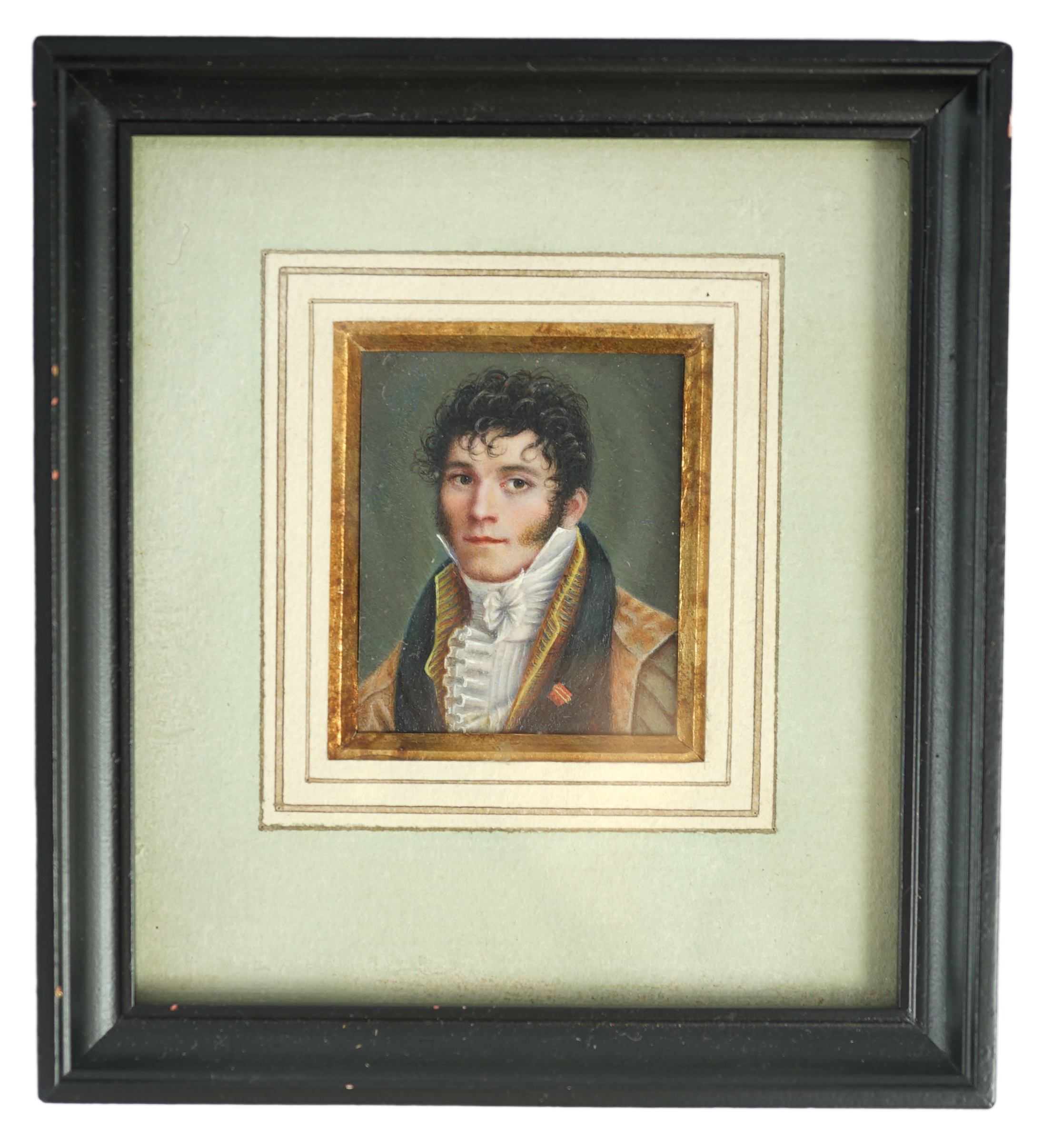 French School circa 1830, Portrait miniature of a gentleman wearing an elaborate lace shirt, watercolour on ivory, 3.9 x 3.4cm. CITES Submission reference RDKXH1EL